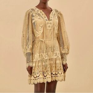 NEW FARM Rio Sand Tropical Flight Guipure Mini Dress Lace Tropical Beaded Slip L